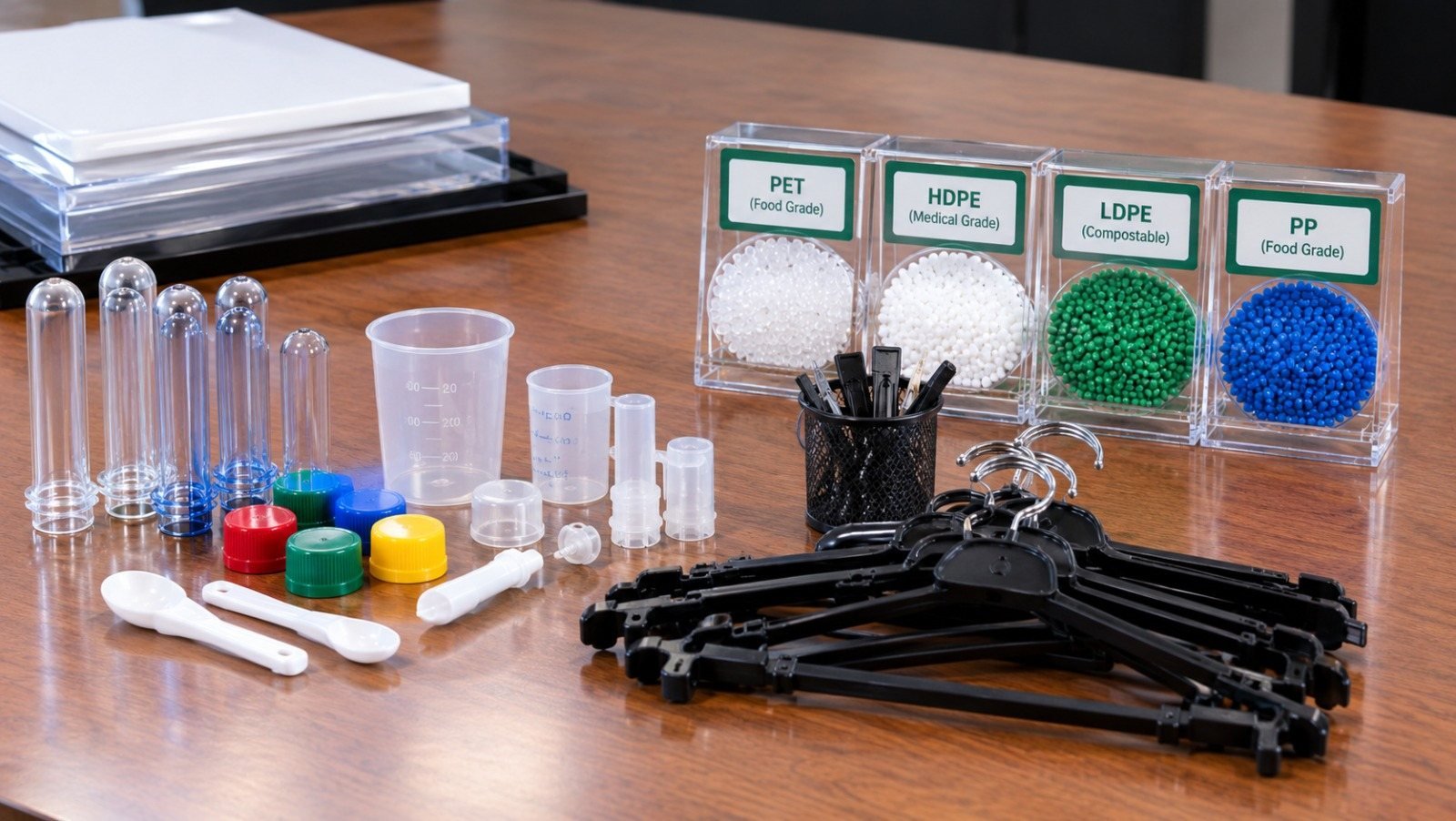 Preforms, caps, measuring cups, spoons, droppers and hangers beside PET, HDPE, LDPE and PP granule samples