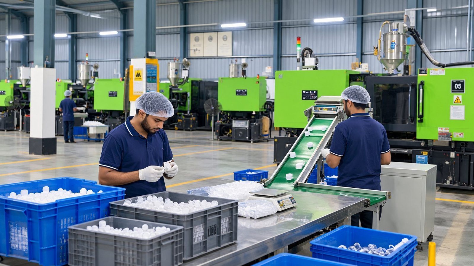 Shans team members checking and sorting caps on the production line
